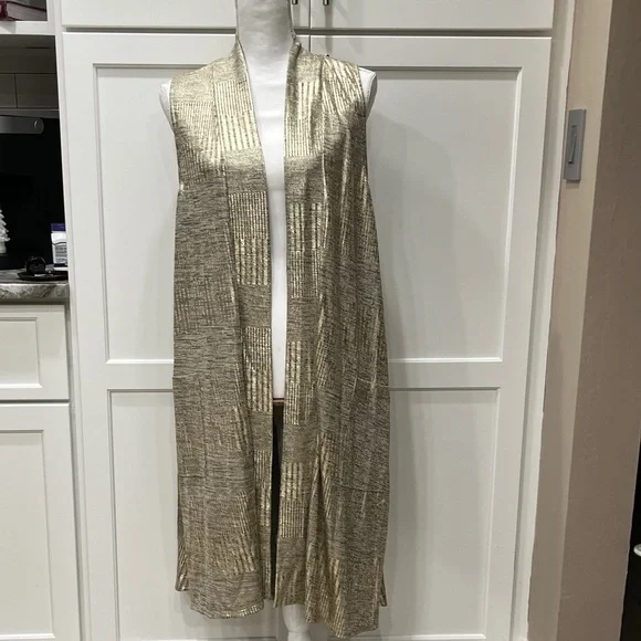 Expresso Long Gold Shine Vest with Pockets 97% Poly 3% Spandex Med or Large - Picture 3 of 16